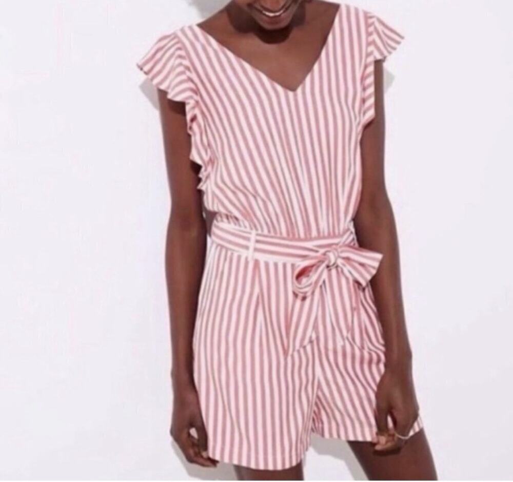 Ann Taylor LOFT Striped Flutter Tie Waist Red White Romper - 12P Figure Flatter